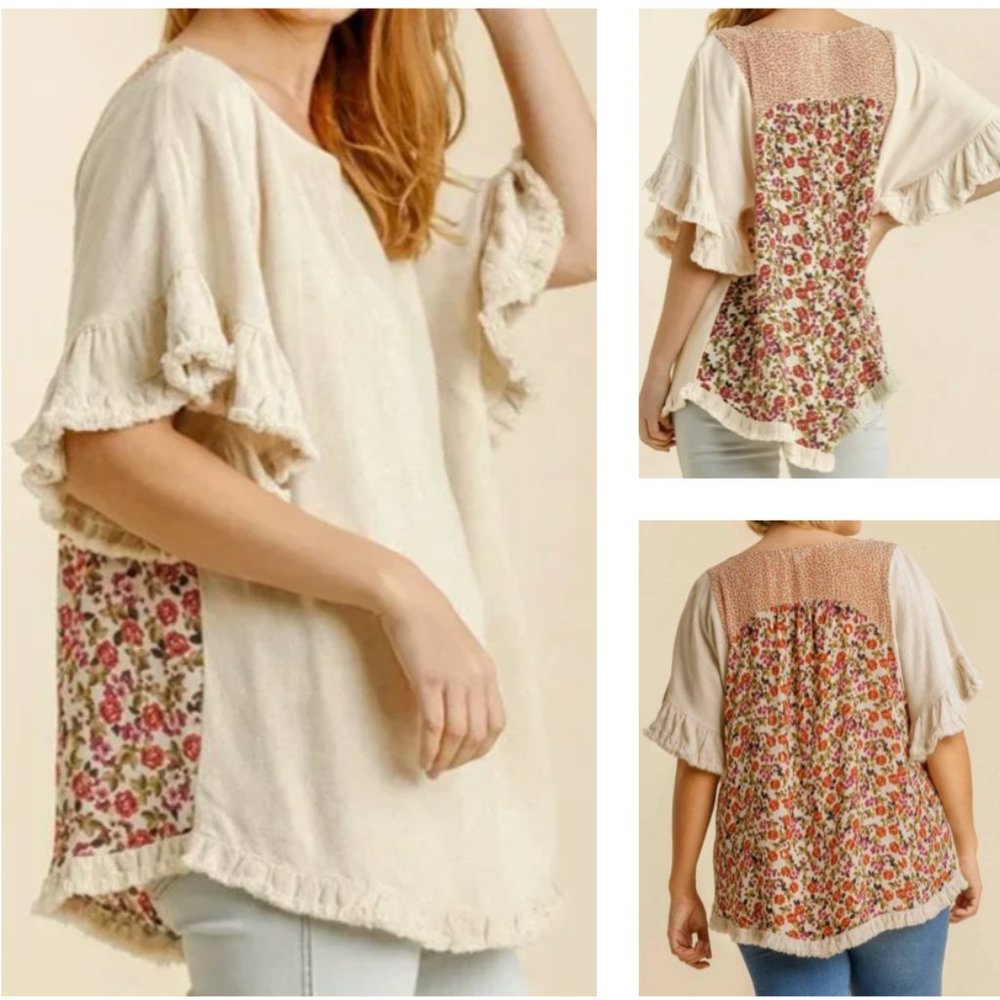 Umgee Bohemian Oatmeal Linen Blend & Floral Oversized Top szS